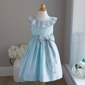 Aqua Blue Dress With Plaid Ruffle Collar Plaid Sash Bailey Boys Boutique NWT